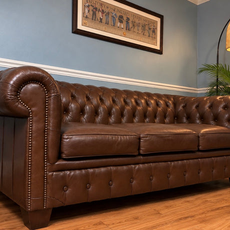 English Leather Chesterfield Sofa | Rich Brown Leather | 78”