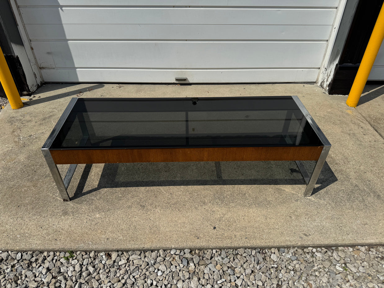 Milo Baughman Style Coffee Table – Smoked Black Glass & Chrome Base
