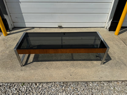 Milo Baughman Style Coffee Table – Smoked Black Glass & Chrome Base