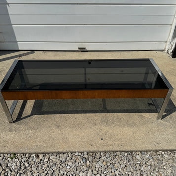 Milo Baughman Style Coffee Table – Smoked Black Glass & Chrome Base