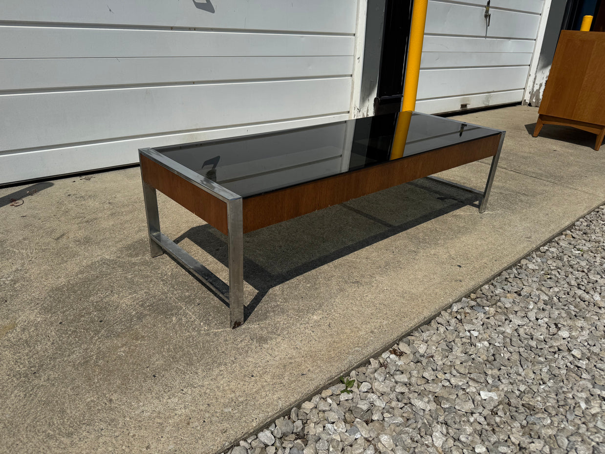 Milo Baughman Style Coffee Table – Smoked Black Glass & Chrome Base