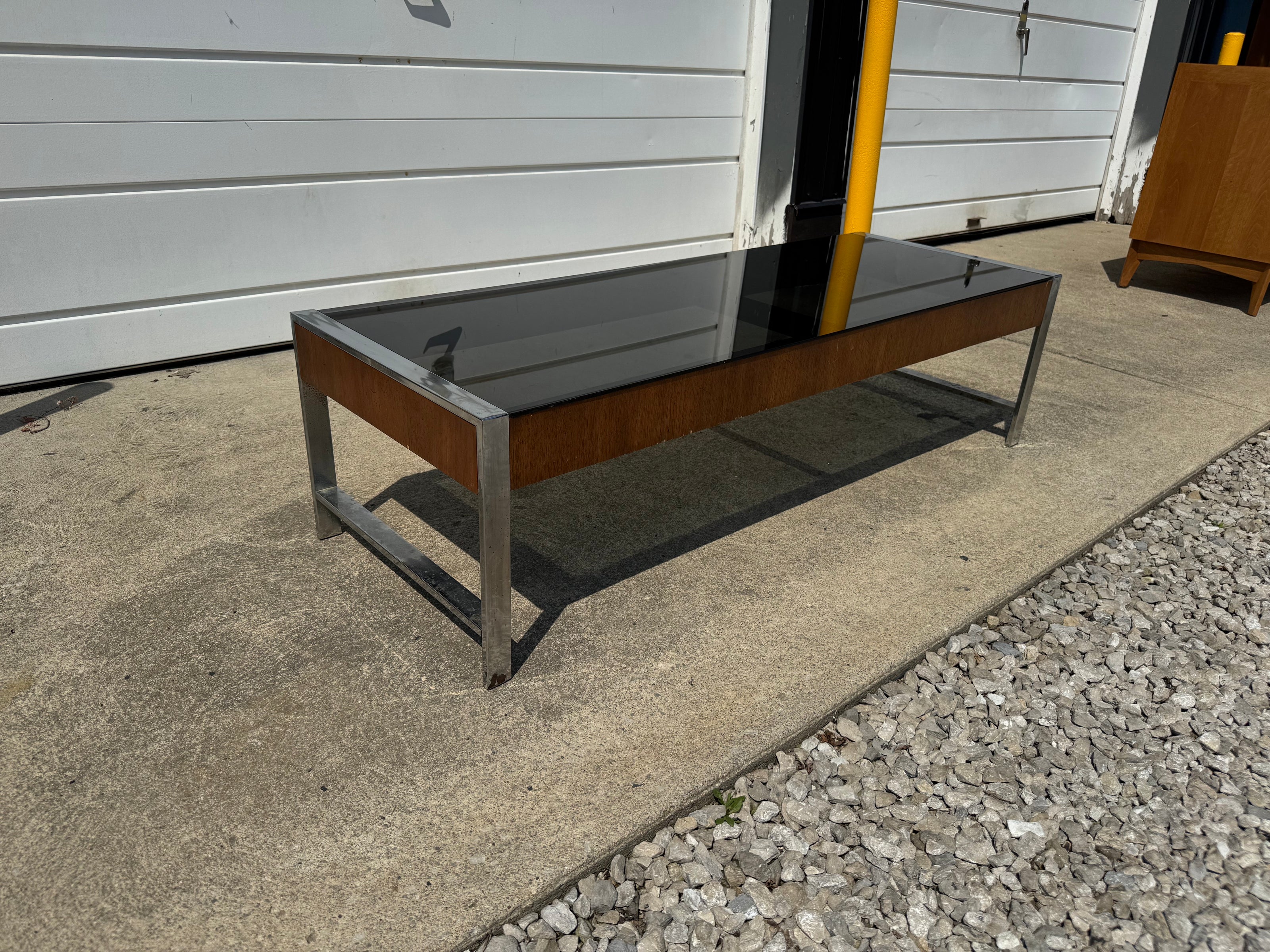 Milo Baughman Style Coffee Table – Smoked Black Glass & Chrome Base