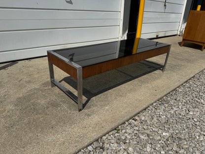 Milo Baughman Style Coffee Table – Smoked Black Glass & Chrome Base