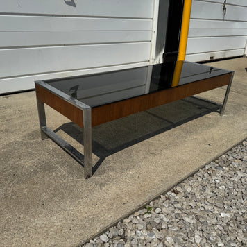 Milo Baughman Style Coffee Table – Smoked Black Glass & Chrome Base