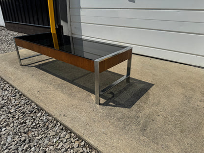 Milo Baughman Style Coffee Table – Smoked Black Glass & Chrome Base