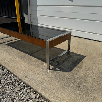 Milo Baughman Style Coffee Table – Smoked Black Glass & Chrome Base
