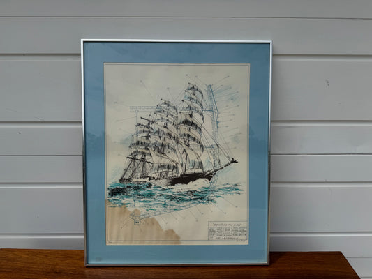 Framed Ship Artwork with Blueprint Detailing (32” x 27.5”)