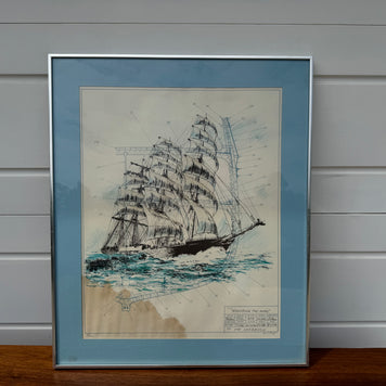 Framed Ship Artwork with Blueprint Detailing (32” x 27.5”)