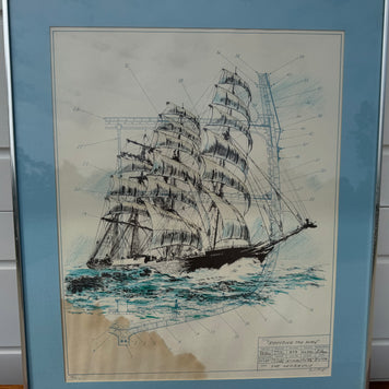 Framed Ship Artwork with Blueprint Detailing (32” x 27.5”)