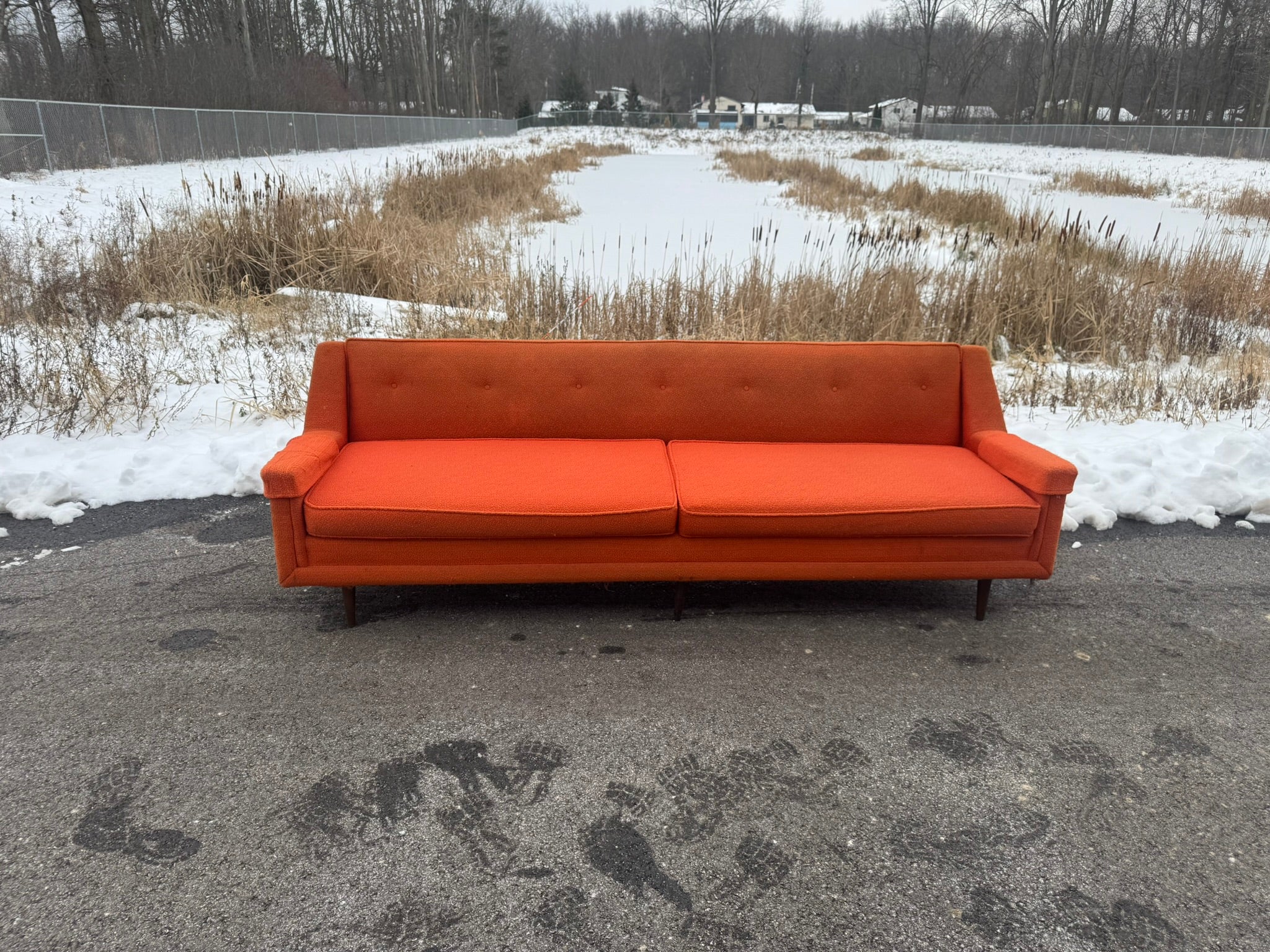 Midcentury Modern Three-Seat Sofa – Orange Upholstery
