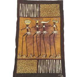A rectangular tapestry with a geometric pattern featuring tribal figures in a desert landscape, predominantly in brown and beige tones with gold accents.