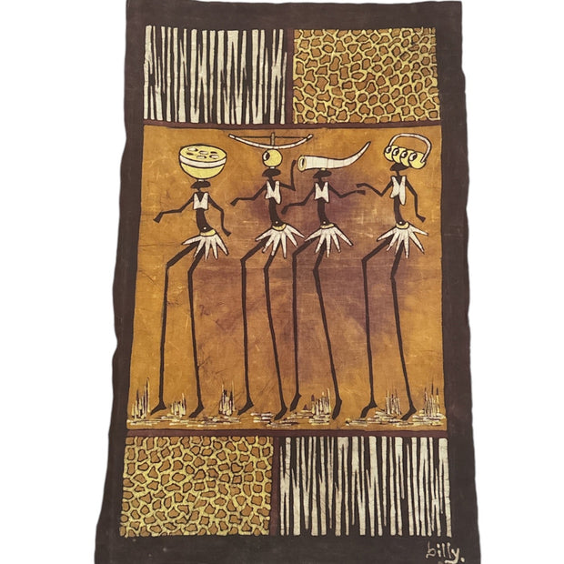 A rectangular tapestry with a geometric pattern featuring tribal figures in a desert landscape, predominantly in brown and beige tones with gold accents.