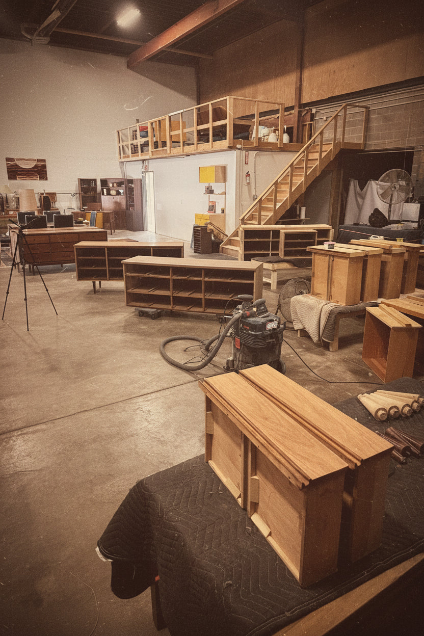 A workshop interior showing multiple wooden furniture pieces and cabinetry in various stages of assembly. In the foreground, a wooden cabinet or bench sits on a black quilted surface, with additional wood panels and a blue shop vacuum nearby.