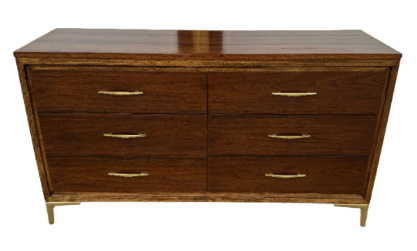 Midcentury Dresser - Six-Drawer Dresser - Warm Amber Walnut Tone with Gold Legs and Hardware