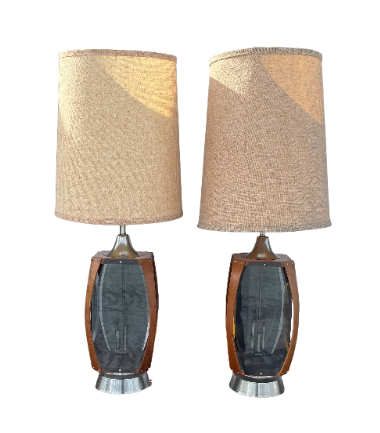 Vintage Midcentury Modern Lawrin Bent Walnut & Plexiglass Table Lamps ✨
